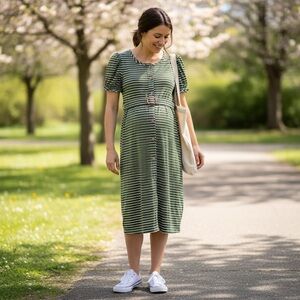 Maternity Green  White Striped Belted Dress Size Large